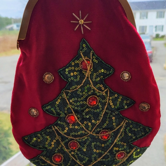 Vintage Christmas tree tassel purse. Red velvet beaded cocktail evening bag. - Picture 8 of 8